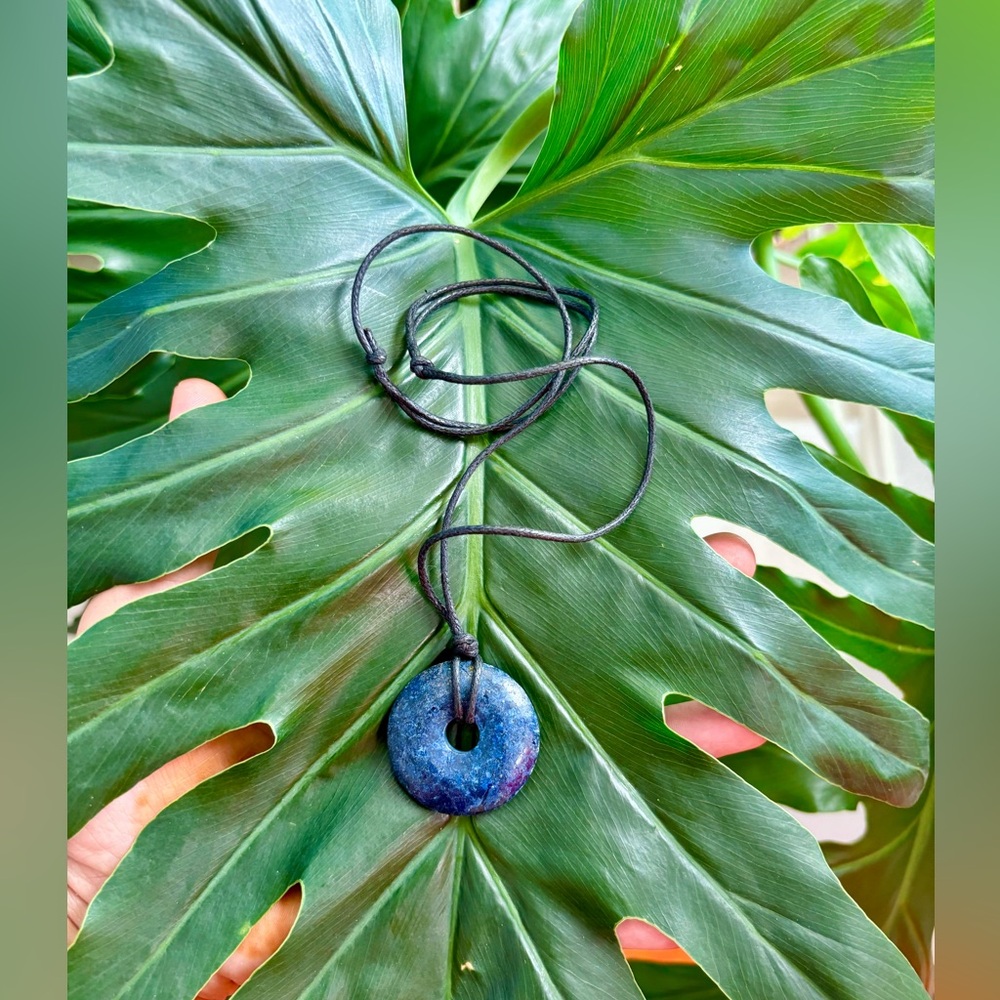 Blue Lapis  handmade round donut pendant on Adjustable Black Cord